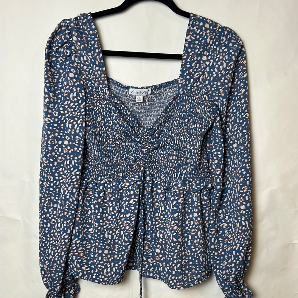 She + Sky Blue and White Ruched Tie Front Long Sleeve Blouse